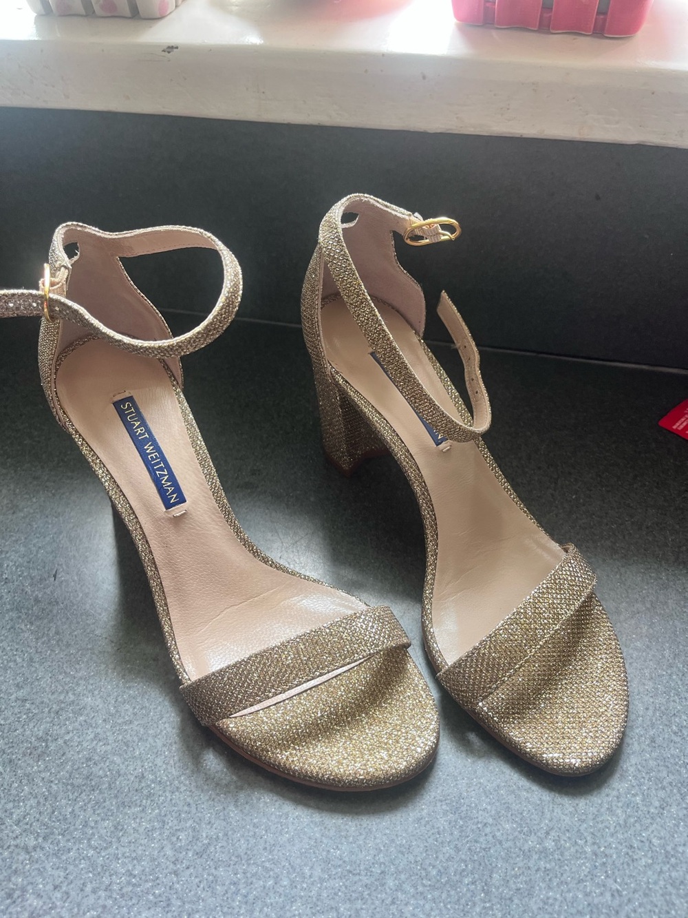 Stuart Weitzman Gold Glitter Ankle Strap Block Heels